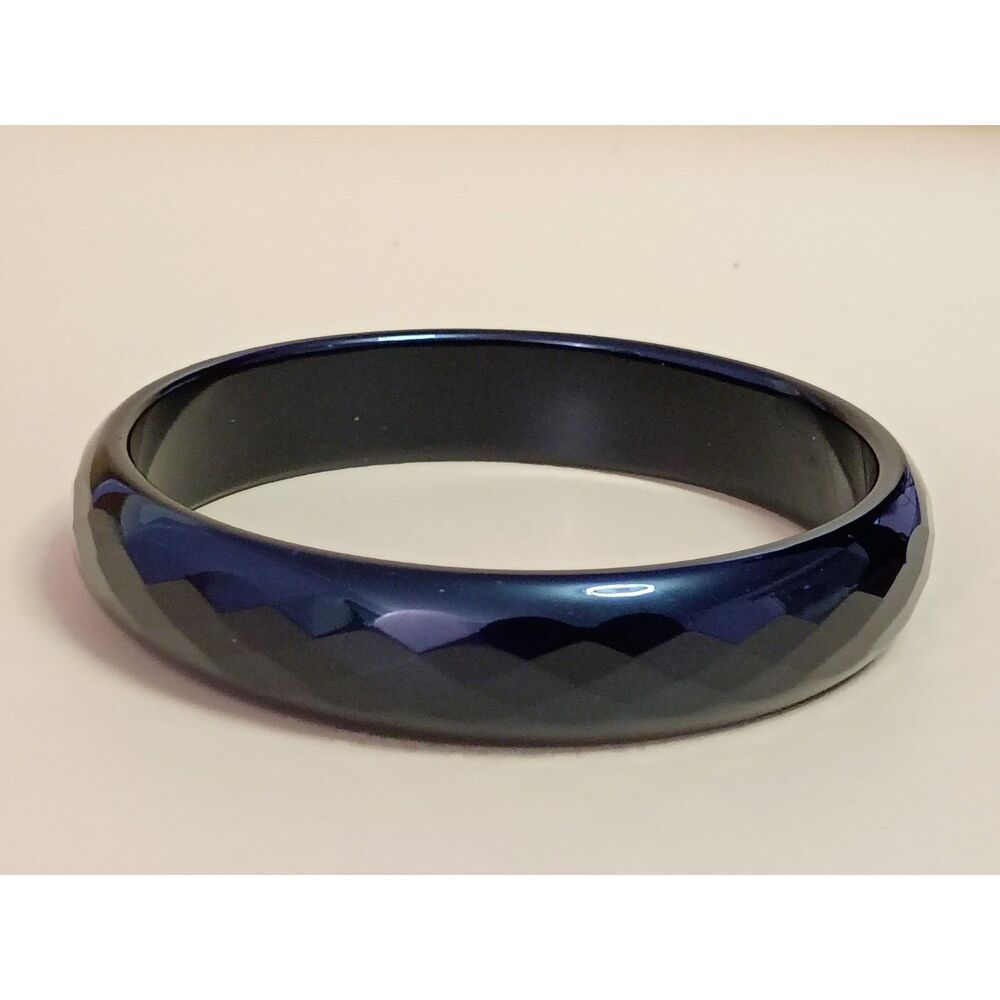 Vintage Black Chalcedony Bangle Bracelet with Beveled, Reflective, Shiny Design